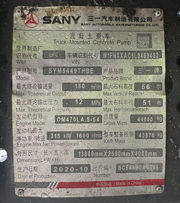 2020 SANY 56m استفاده شده پمپ بتن کامیون با شاسی بنز